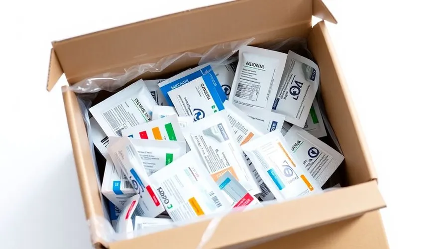 Geöffnetes Paket mit verschiedenen Medikamentenpackungen